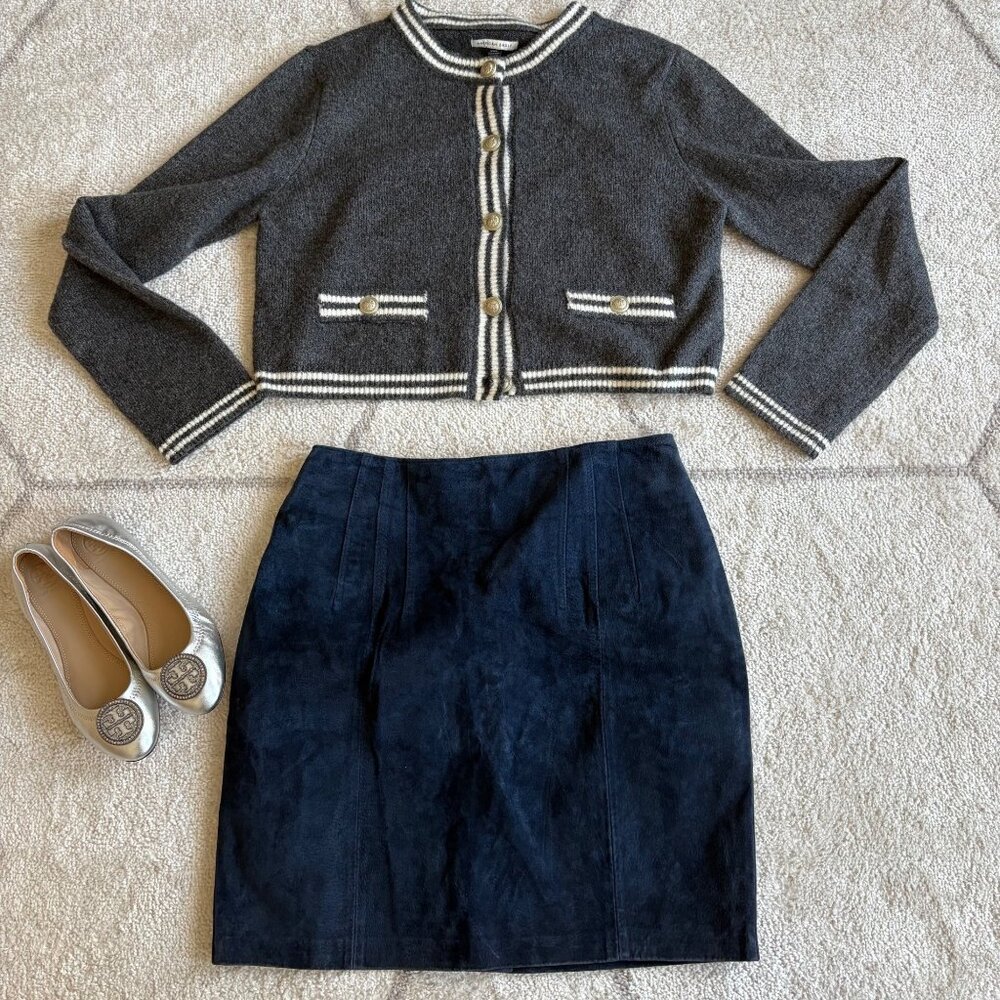 Vintage Express Suede Mini Skirt 80s/90s Navy Blue High-Waisted Pencil Style